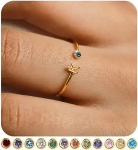 Initial Birthstone Rings for Women Non Tarnish Trendy Stackable Dainty Gold Letter Adjustable Emerald Green Cubic Zirconia Ring for Mothers Daughter Birthday Bridesmaid Gifts Jewelry