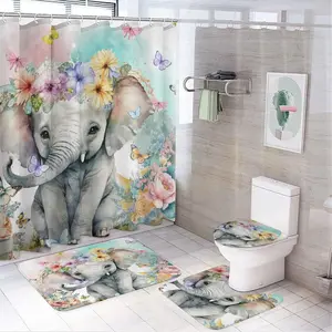 Rustic Elephant- 4 Pieces Shower Set,Watercolor Art Elephant Flower Pattern Non-Slip Rugs Lid Cover Bath Mat and