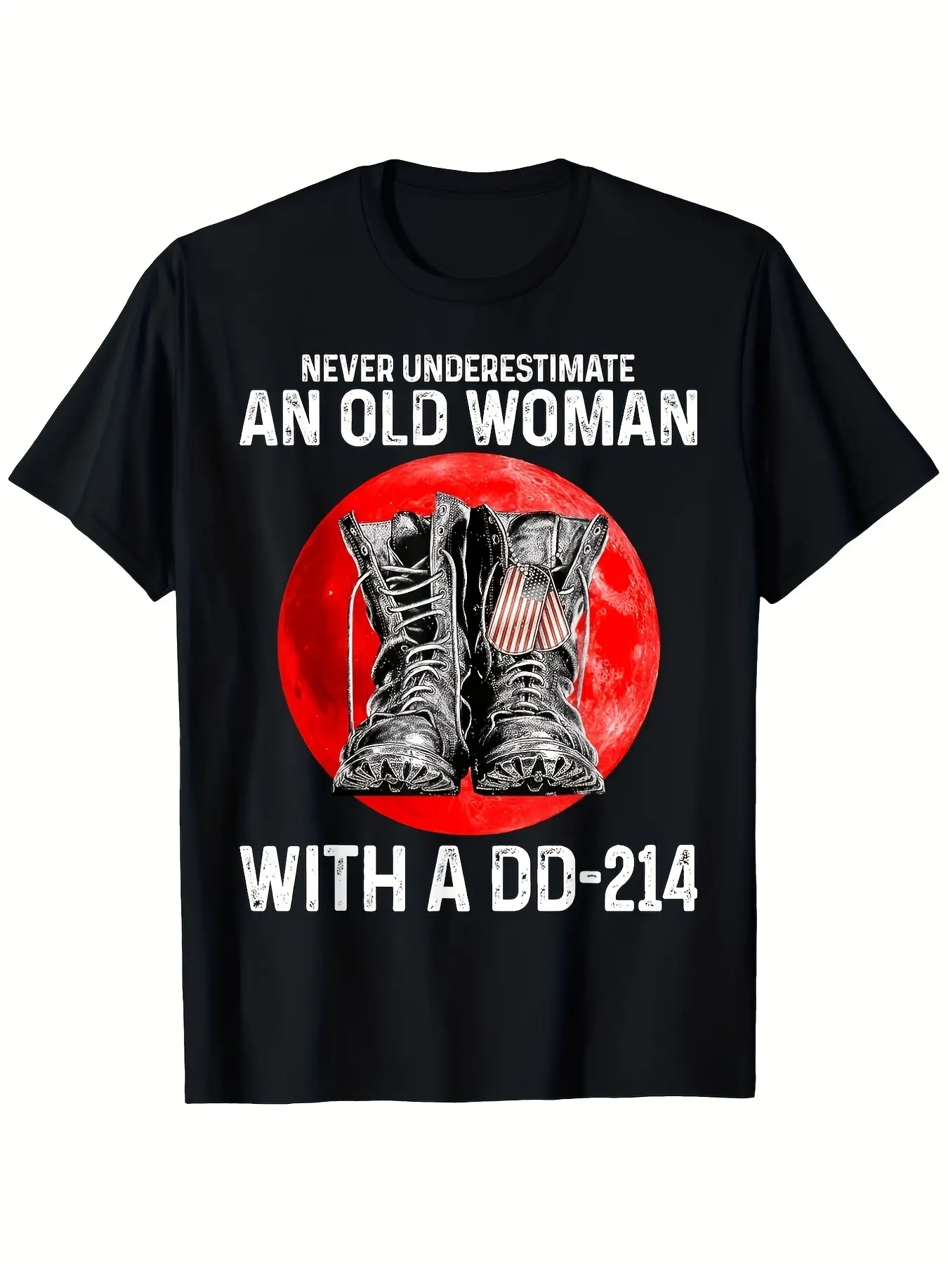 Never Underestimate an Old Woman with a Dd214 Tshi unisex soft cotton short sleeve t shirt, vintage graphic casual tee for men women teens, perfect birthday holiday gift for camping travel gym daily street  wear