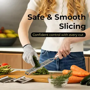 Handheld Mandoline Slicer for Kitchen - Stainless Steel Veggie & Fruit Slicer with 4 Blades - Slicer, Julienne & Grater; Cut Resistant Safety Glove & Cleaning Brush Included; Dishwasher Safe