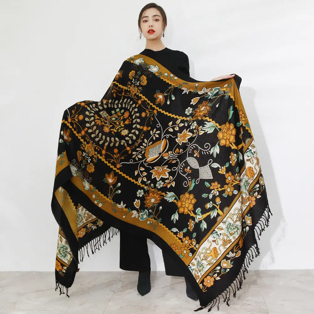 DANA XU 100% Merino Wool Extra Large Pashmina Blanket Travel warm Scarf Cashmere Wrap for Women Fall Winter Oversize Shawl Floral Designs Fashion