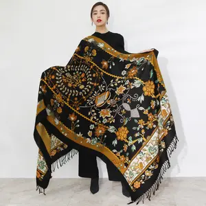 DANA XU 100% Merino Wool Extra Large Pashmina Blanket Travel warm Scarf Cashmere Wrap for Women Fall Winter Oversize Shawl Floral Designs Fashion