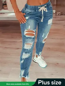 【Plus Size】 Solid Color Ripped Jeans, Casual Fashion Denim Pants for Daily Outdoor Wear, Women Plus Clothing for Summer