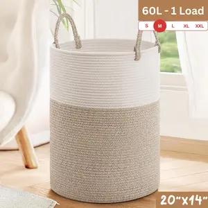Baby Laundry Hamper for Toys, Tall Woven Laundry Basket for Clothes, Blanket Storage Basket for Living Room, 19.7 x 13.8 inches, Light & Brown laundry  basket