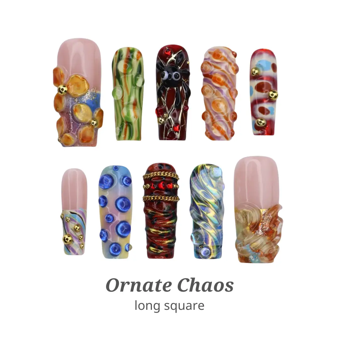 Lilynailsart | Maximalist Colorful Abstract Nails – 3D Bubble Chrome Swirl Nails – Long Square Statement Nails