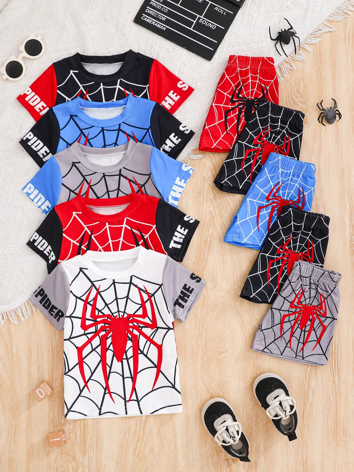 10-Piece Summer Boys' Sports Casual Set, Clothes Kids, Outfits Set, Short Sleeve Top + Shorts, Spider Web Print, Soft Comfortable Fabric, Vibrant Streetwear