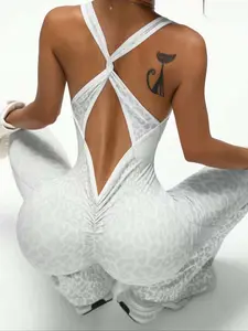 Seamless Leopard Print Jumpsuit with Chest Pads, Colorblock Lines, Outdoor Sports Micro Flare One-Piece Pants, Multi-Scene Fitness Wear, Backless Sports Jumpsuit