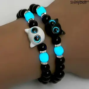 ShinyBull Unisex 2PCS Glow-in-the-Dark Cat Beaded Bracelet Set, Lightweight Resin Glitter Beads, Stretchable Design, Ideal for Daily Wear, Parties, Anniversary Gifting