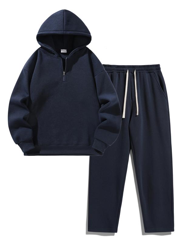 Men's Plain Two-piece Sweatsuit Set, Basic Regular Fit Casual Drop Shoulder Half Zip Hoodie & Pocket Drawstring Sweatpants, Men's Clothing