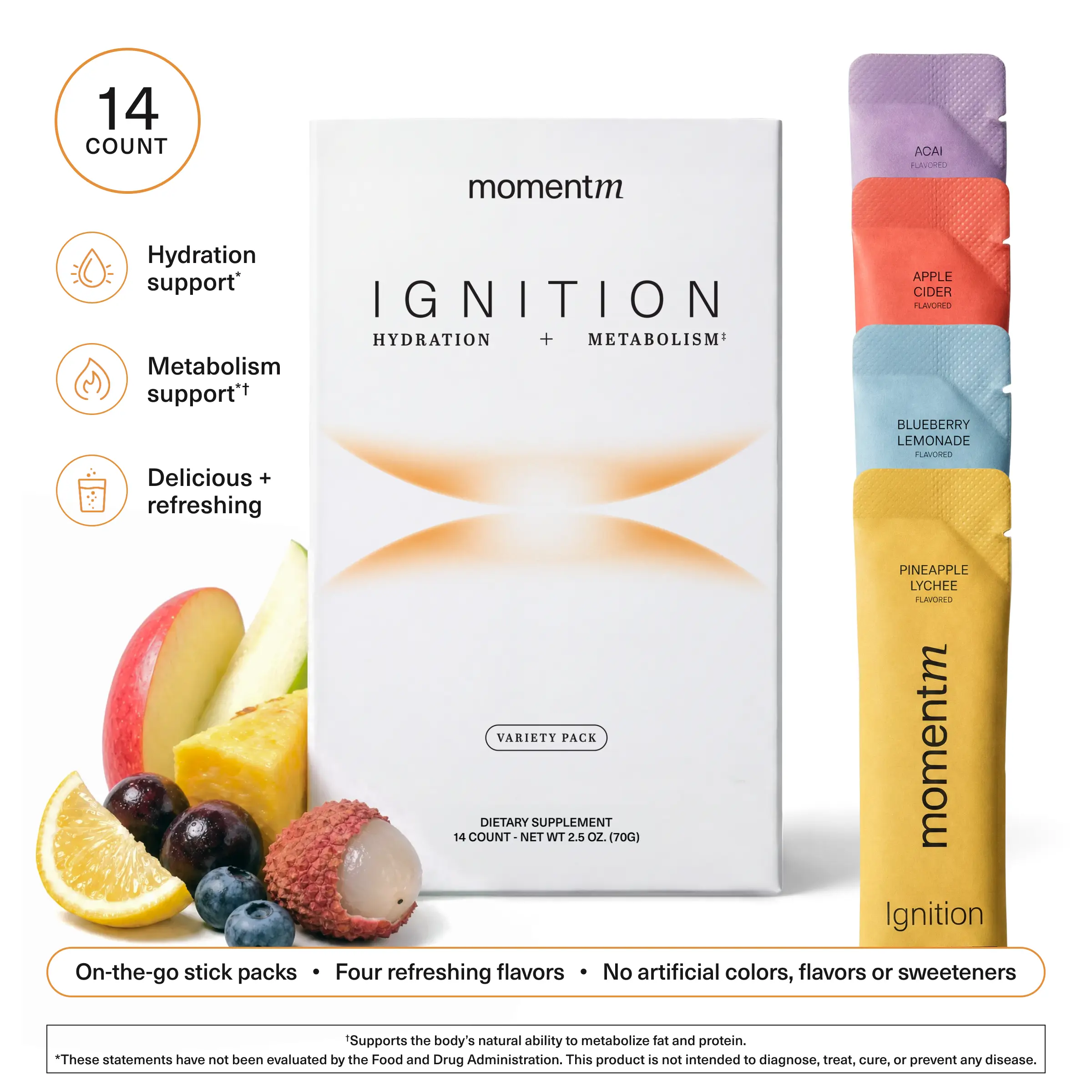 momentm Ignition Hydration Drink Mix (14 ct) - Supports Steady Energy & Focus - with Magnesium, Electrolytes, Adaptogens, InnoSlim & Holy Basil - Sugar Free