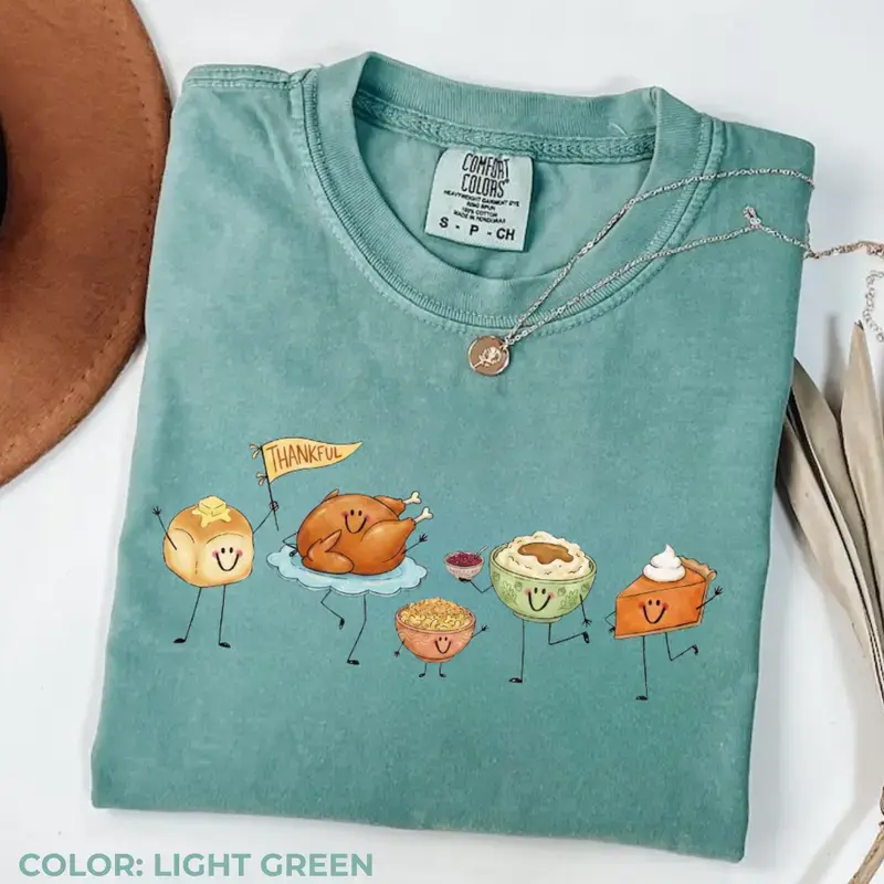 Comfort Colors Happy Thanksgiving Doodles Shirt, Cute Food Characters Graphic Tee, Funny Friendsgiving T-Shirt, Retro Fall Apparel