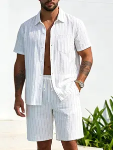 Men's Summer Striped Linen Shirt and Straight Leg Shorts Set, Casual Fitted Style, Island Vacation Look, Basic Fit, Sporty Leisure Wear
