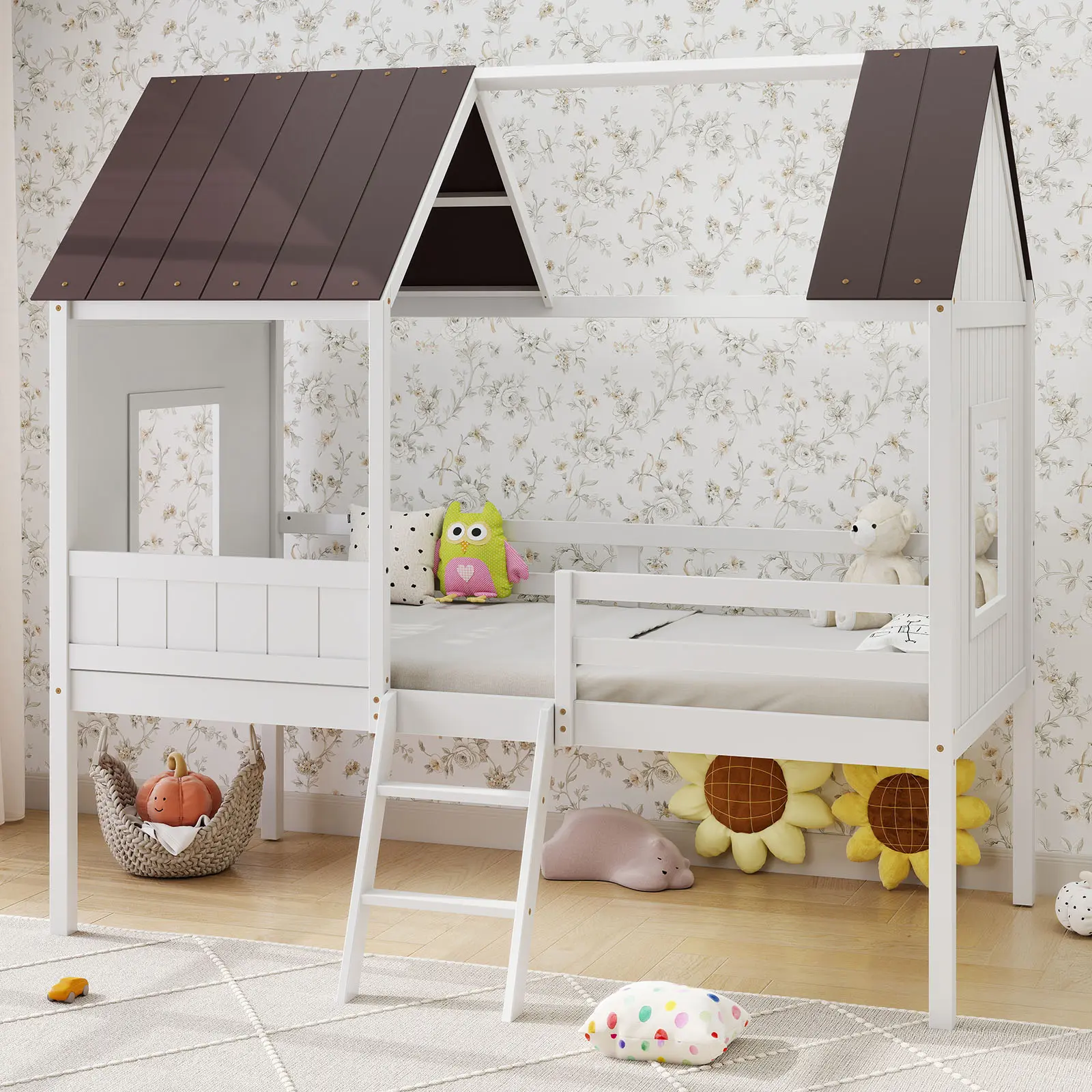Sweetcrispy Kids Twin Loft Bed with Playhouse Design, Solid Wood House Bed Frame with 14.8" Safety Fence, Low Study Loft Bed for Boys/Girls, Space-Saving Design, No Box Spring Needed, White