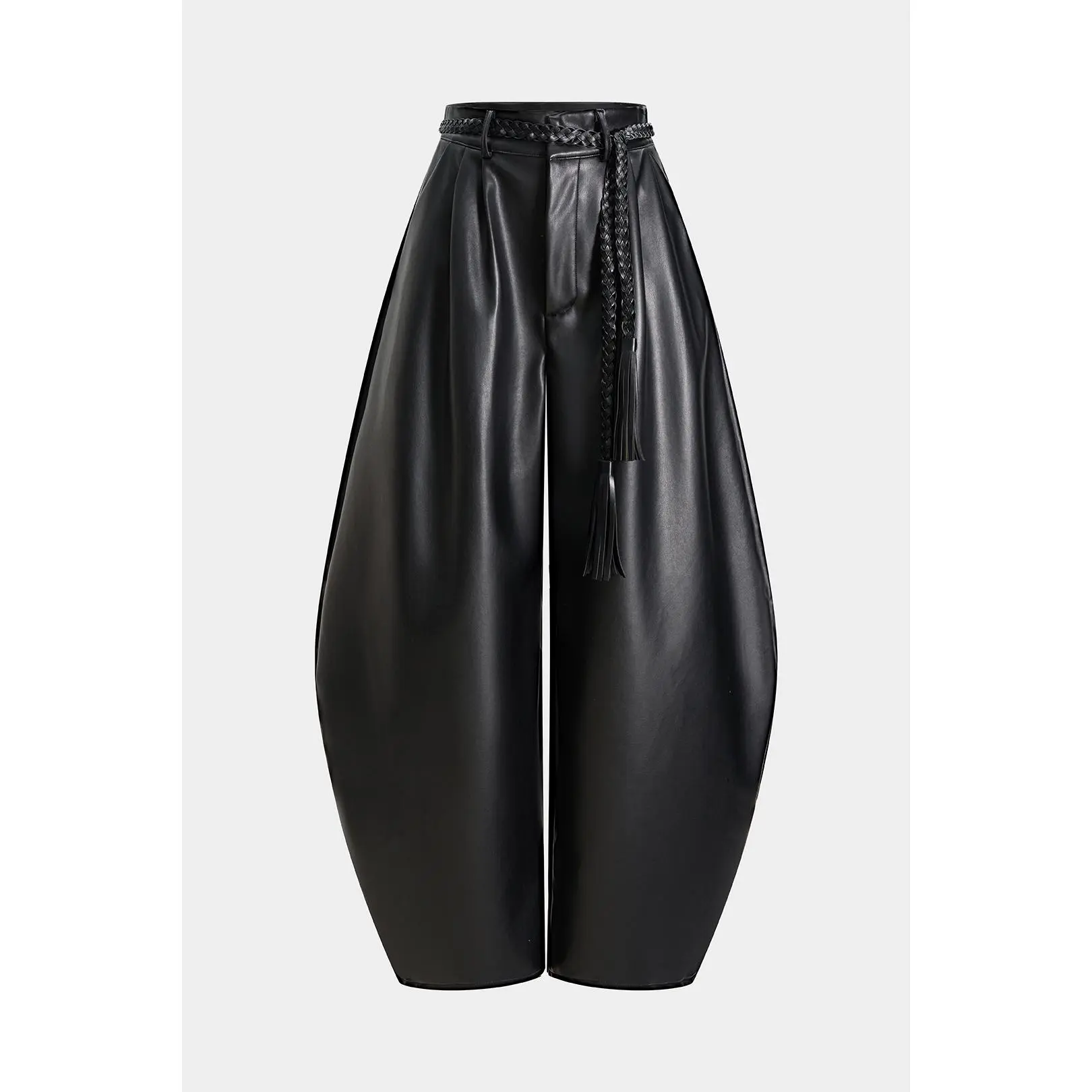 Faux Leather Braided Belted High Waist Barrel Trousers