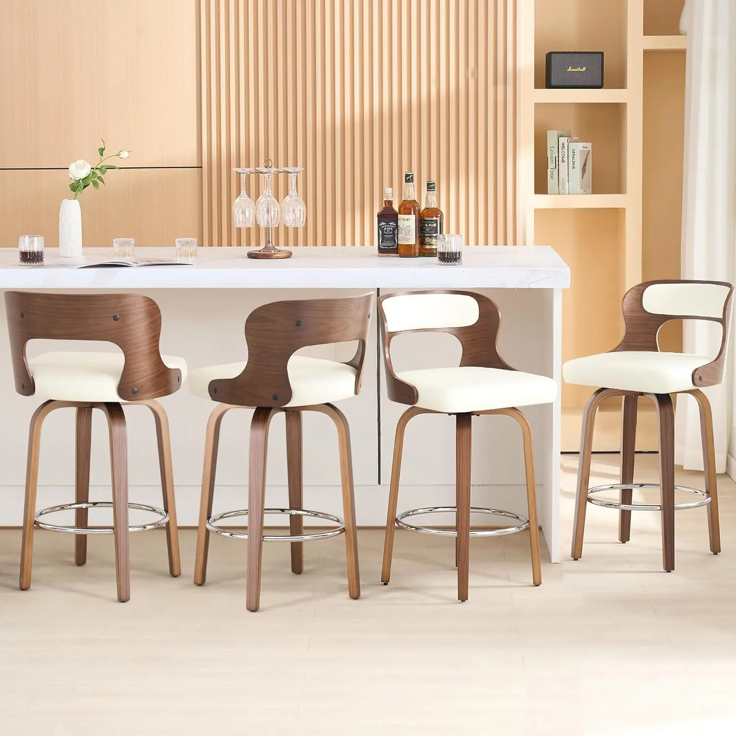 Counter height bar stools, set of 2/3/4 (26 inches), curved wooden legs and backrest, PU leather swivel counter stool, medieval-style swivel bar stool, suitable for kitchens and restaurants