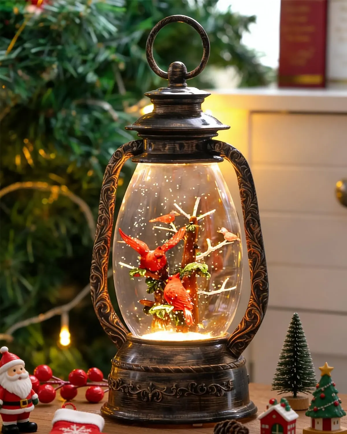 12" Christmas Snow Globe Lantern Red Bird Music Box Spinning Snowflake Glitter Water Lamp USB and Battery Powered Christmas Decoration