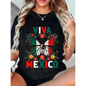 🌷👕[100% Cotton] Neutral Viva Mexico Butterfly Independence Day Flag Mexico Fashion T-shirt Casual Top