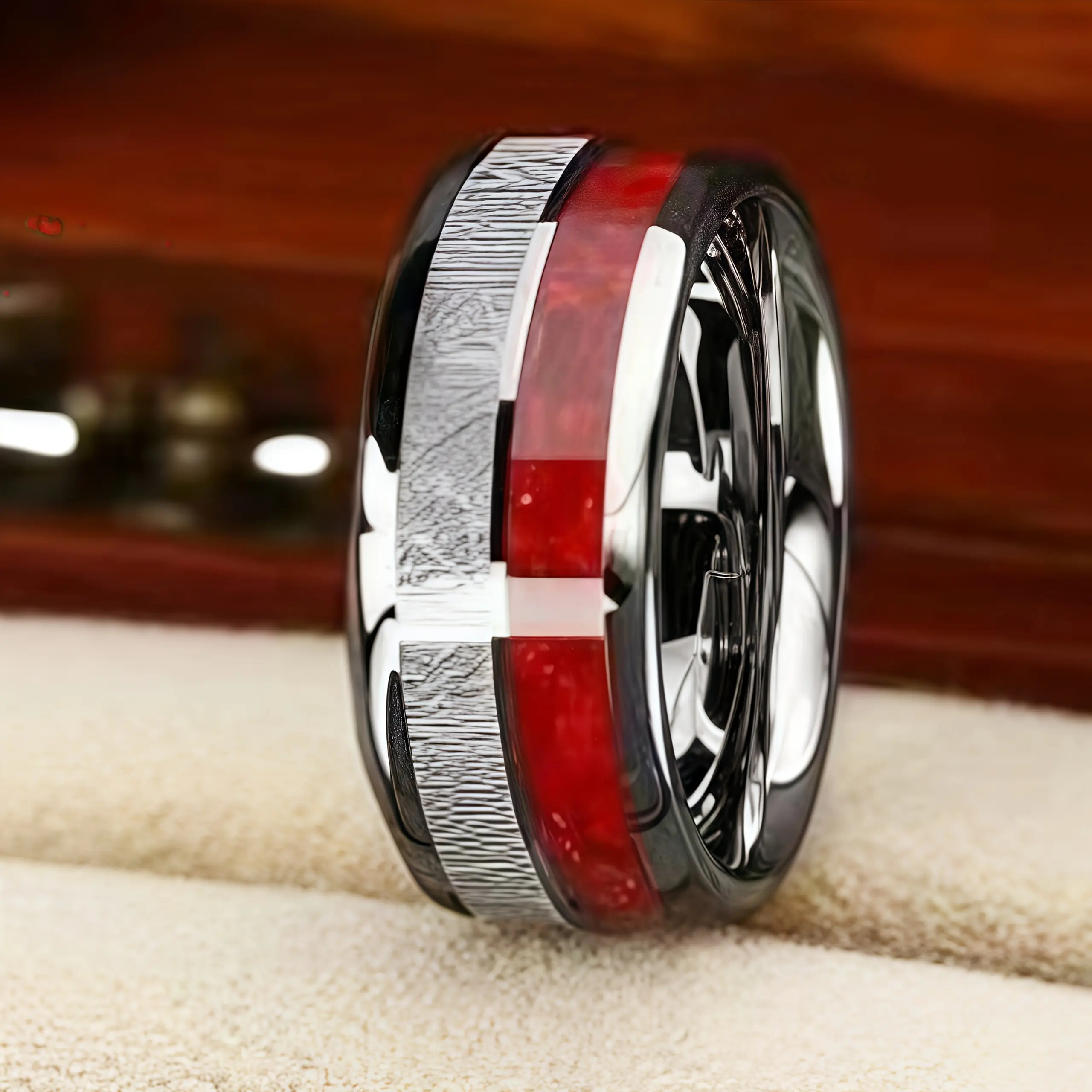 8MM Unique Men's Rings Silver Meteorite Inlay Stainless Steel Ring for Women Luxury Red Store Wedding Band Party Jewelry Gift
