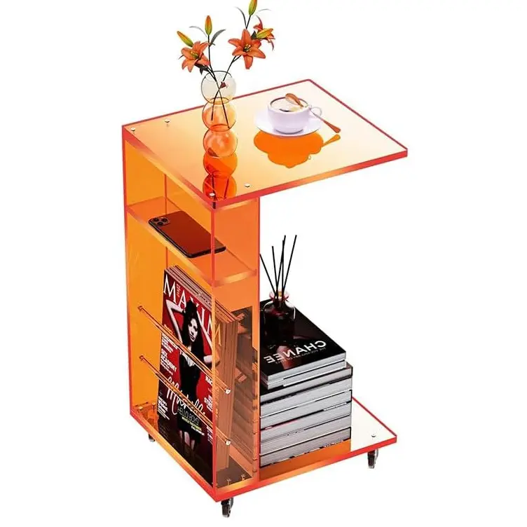 Clear Acrylic C-Shaped End Table with Lockable Wheels - Living Room Sofa Side Table for Small Spaces
