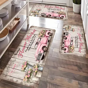 2/3pcs Kitchen Rug Set, Pink Truck Floral Pattern Design, Lightweight Soft Durable Comfortable Flannel Mat, Suitable for Kitchen, Porch, Entryway, Bedroom, Decorative, Indoor, Dining Area, Bathroom, Laundry Room, Doorway, Home Decor Holiday Decorations