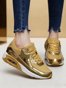 Women's Lace-Up Patent Leather Colorblock Sneakers with Air Cushion Sole - Lightweight, Breathable & Comfortable for Outdoor Sports & Daily Outfits High End Sneaker