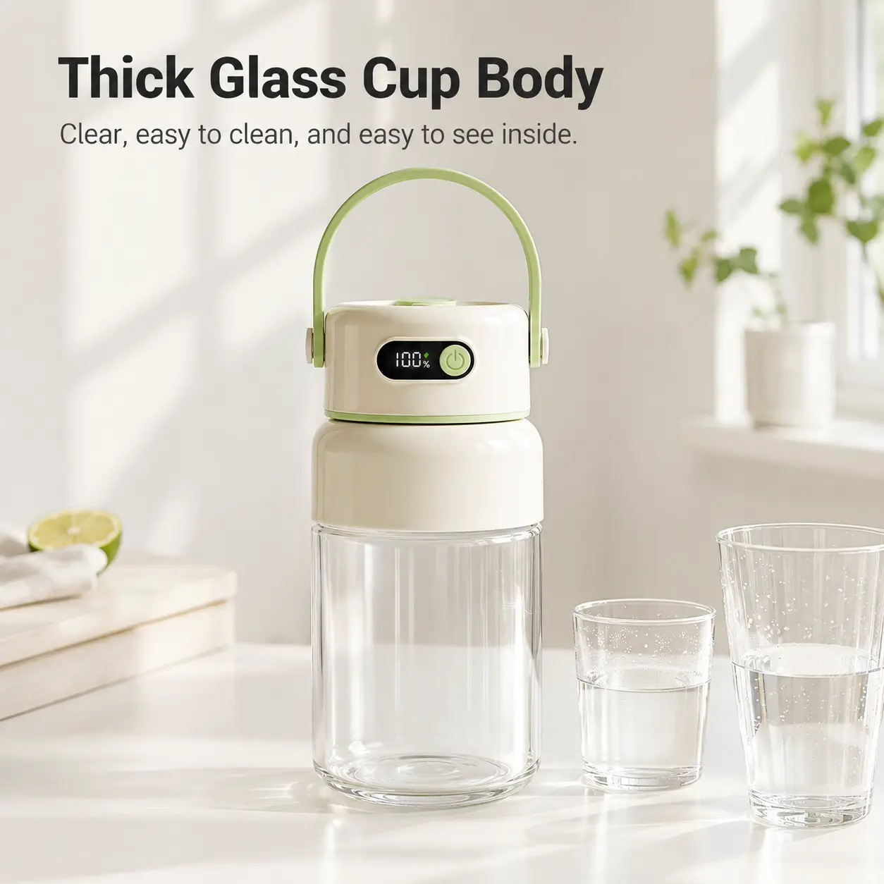34 oz Portable Blender Cup with Digital Display, Lightweight USB Rechargeable Juicer Bottle, 1000mL Glass Smoothie Mixer Cup with 26-Blade Stainless Steel Cutter for Travel, Office and Kitchen