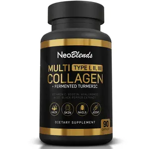 NeoBlends Multi Collagen Capsules with Fermented Turmeric Hyaluronic Acid Biotin & Vitamin C - Anti Aging Supplement for Skin Hair Nails Joints Gut Health - 3 Types I II III - 90 Capsules - Fitness Healthcare - Edible, Dietary