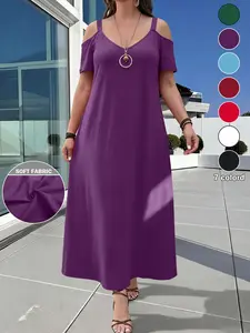 Plus Size Women's V Neck Sleeveless Soft Feminine Dress, Casual Sexy Shoulder Cut Out Long Dress, Summer Slimming Cover Up, 6 Colors Available