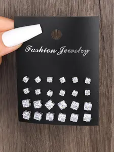 Simple Rhinestone Decorated Square Geometric Design Stud Earrings, Fashion Earrings for Women and Men, Daily Use