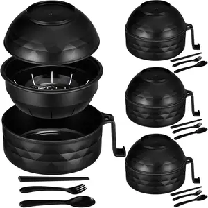 4 Sets Ramen Bowl Set with Handle Lid Ramen Cooker Ramen Noodle Bowl with Spoon Fork College Dorm Room Apartment, Dishwasher Safe, BPA Free (Black)