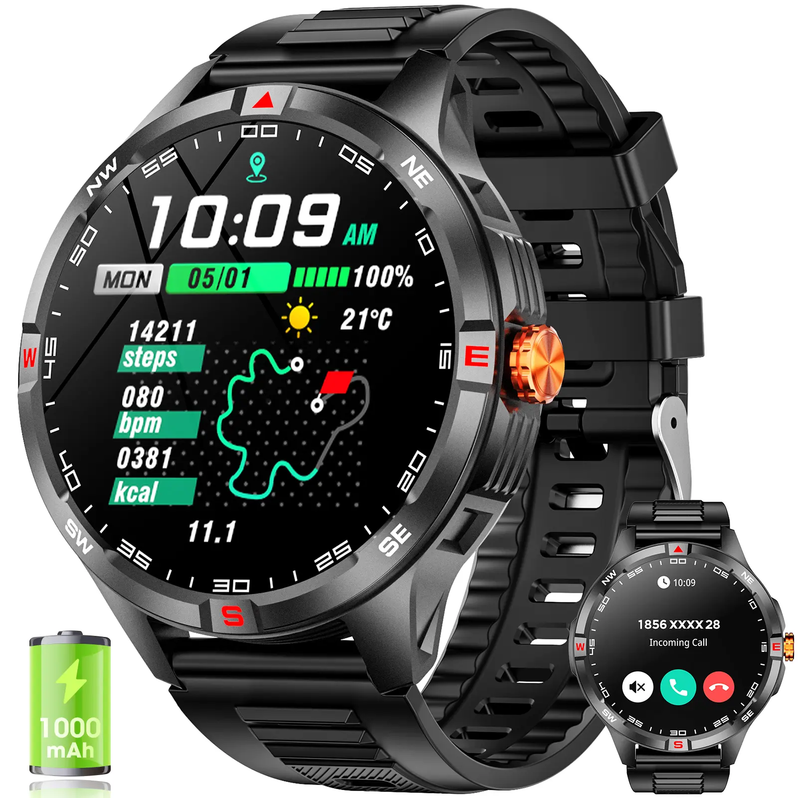 Men's Smart Wristwatch - 1000mAh Long Battery Wearable Fitness Tracker, 1.46" HD Touch Screen Bluetooth Call Device, 100+ Sports Modes, IP68 Waterproof, Heart Rate Sleep Monitoring, Fast Charging Compatible with Android iOS