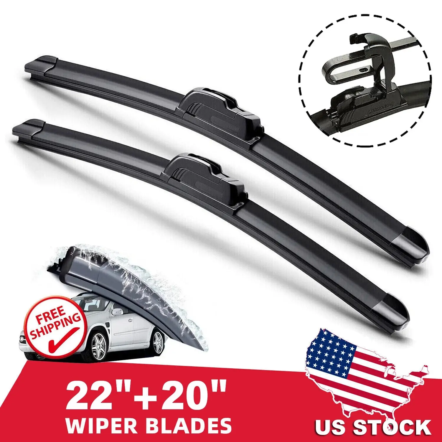 Automotive 2-Piece 22" & 20" Front Windshield Wiper Blades - Bracketless J-Hook, Aerodynamic Plastic, OEM Quality Jointless Auto Replacement Accessories
