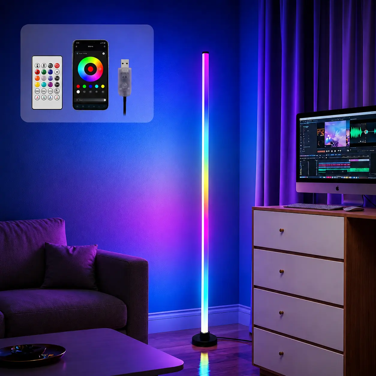 Minimalist RGBIC LED Corner Floor Lamp - 0-5w ABS, App & Remote Control, Music Sync, Color-Changing, Floor Lamps & Torchieres for Bedrooms, Indoor Ambiance Decoration