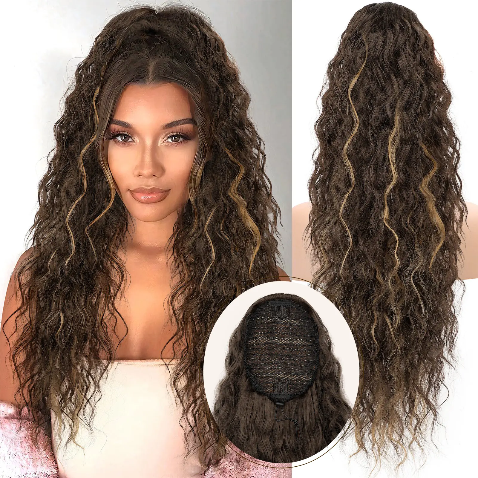 Chocolate Brown with Caramel Blonde Drawstring Pon