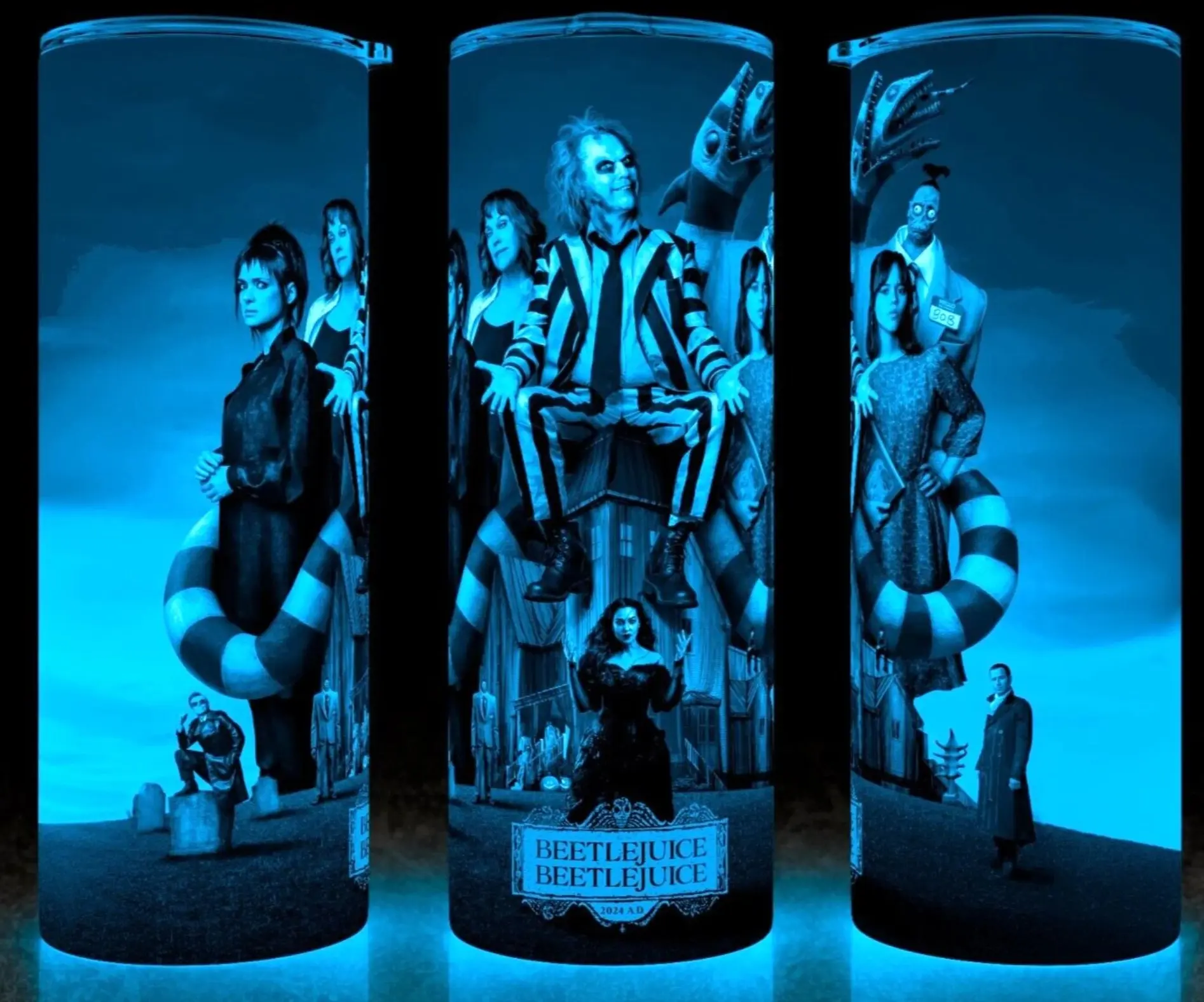 Glow in the Dark Beetlejuice Comedy 80s Movie Classic Cup Mug Tumbler 20oz with Lid and Straw - Elegant Drinkware for Horror Movie Fans - Perfect for Hot or Cold Drinks! Stainless Steel. Flasks Glossy Insulated