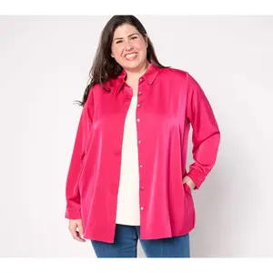 Susan Graver Regular Woven Stretch Satin Button Front Shacket