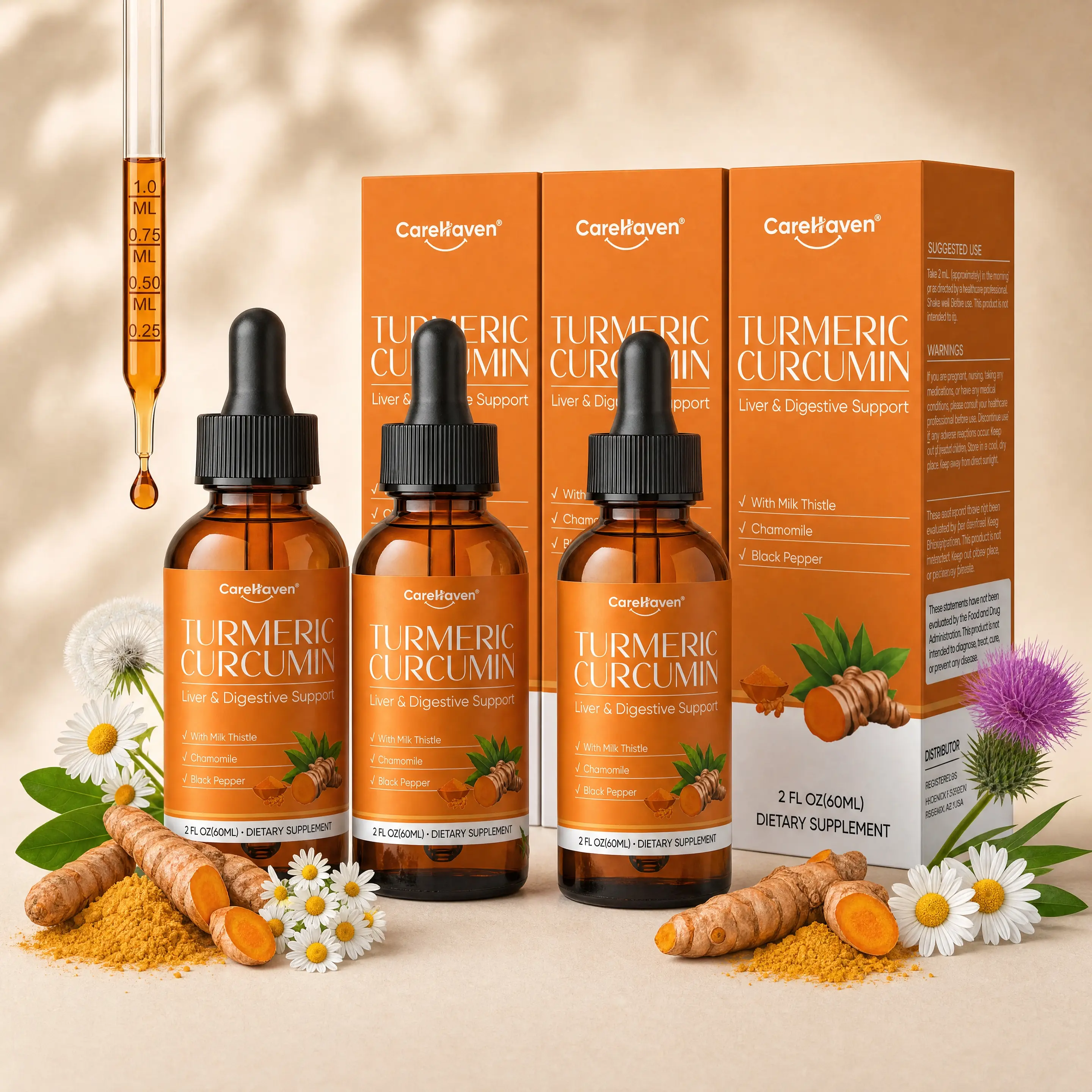 CareHaven Turmeric Curcumin & Milk Thistle Liquid Drops - Non-GMO Herbal Dietary Supplement, Liver Support Botanical Blend, Herbal Mix with Dandelion, Chamomile, Black Pepper, Ginger, Orange Flavor, 2 fl oz, for Adults