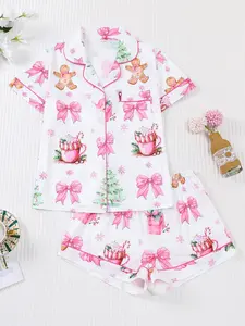 Women's Ditsy Floral Pajama Set, Short Sleeve Shorts, Christmas Tree Print, Casual Fitted Home Wear, All Seasons, Cute Gift Idea