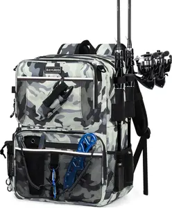 Fishing Backpack with Removable Bait Binder, Water-Resistant Tackle Storage Bag with Rod Holders & Adjustable Compartments,Fishing Gear Bag