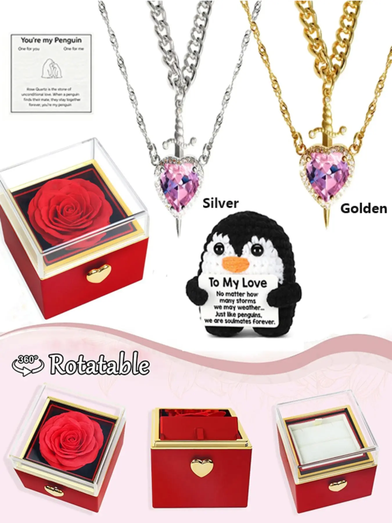 Double Color Diamond Heart Pendant Necklace, Cure Penguin Doll & Eternal Flower Gift Box, Valentine's Day Surprise, Exquisite Jewelry Gift