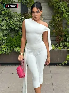Women's Solid Asymmetrical Neck Knot Design Top & High Waist Capri Pants Two-piece Set, Elegant Fashion Basic Ruched Top & Skinny Capri Trousers for Daily Outdoor Wear, Ladies Clothes
