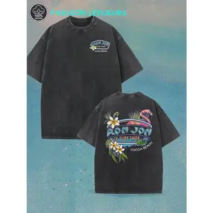 230g thick vintage washed cotton T-shirt - Tropical flamingo and surfboard print, double-sided beach carnival design, loose fit, round neck, short sleeves, unisex, suitable for summer surfing, parties, and beach wear