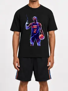 Black T-shirt featuring an electrifying basketball player graphic from OKC, perfect for sports enthusiasts looking for a stylish and comfortable piece of apparel..