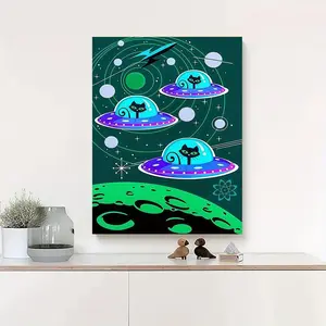 1 Piece Atomic Cat Painting Frame Canvas, Artwork, Modern Vintage Art Decoration, Fantasy Cartoon UFO Cat Wall Art Print, Indoor Portrait, Ink Canvas, Home Decorations, Winter and Spring Theme, living room wall decoration Packaging Canvas, gift