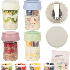 16oz Overnight Oats Containers with Lids Folding Spoons & Divided Compartments for Fruit Nuts Small Glass Mason Jars for Oatmeal Yogurt Parfait Portable Kitchen Utensils Food Storage Organizer Airtight Leakproof Reusable