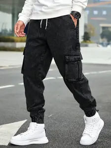 Men'S Drawstring Waist Cargo Denim Pants With Slanted Pockets