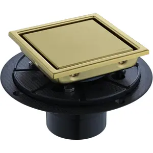 4-Inch Square Shower Drain, Brushed Gold Drain with Flange, 304 Stainless 2-in-1 Tile Drain