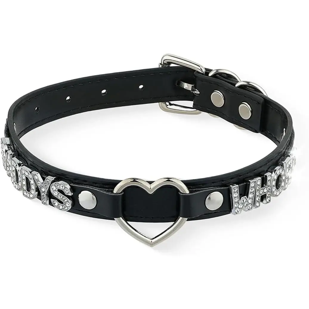 Black Heart O-ring Letter Choker Necklace For Women, Punk  PU Leather Leash  Adjustable Gothic Jewerly