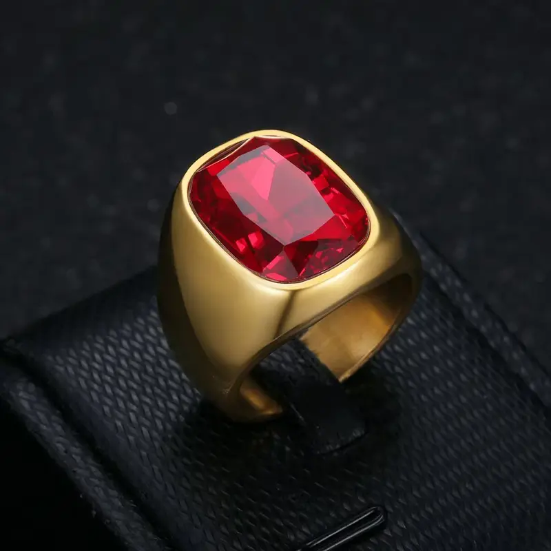 Men's 18K Gold-Plated Geometric Synthetic Coloured Gemstone Stainless Steel Ring - Business Style, Male Party Accessories, Versatile Usage for Banquets, Daily Wear