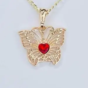 Butterfly Gold Plated Pendant with Red Center and Gold Finish